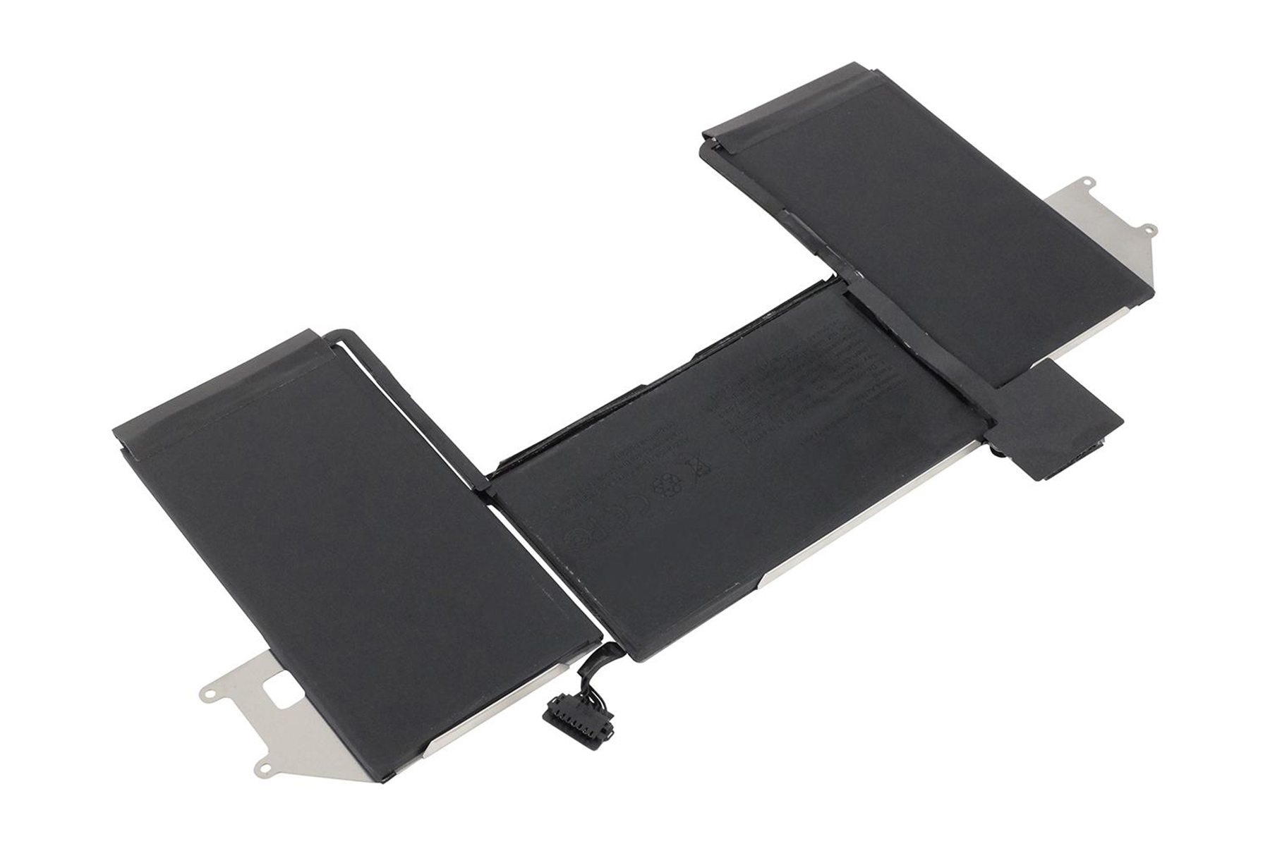 Ein schwarzer Laptop-Akku mit Metallhalterungen und Kabel.