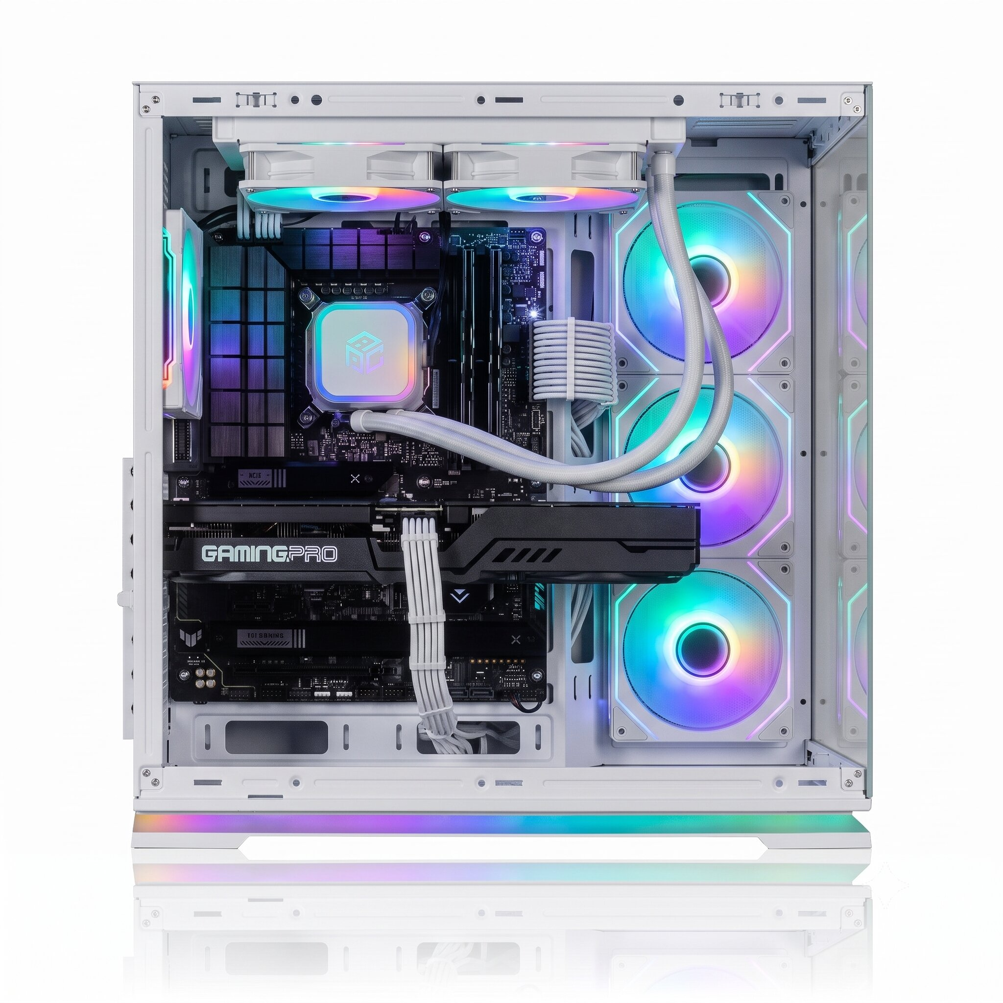 Ein weißer PC mit RGB-Beleuchtung. CPU-Kühler, Lüfter und Gehäuse sind beleuchtet.