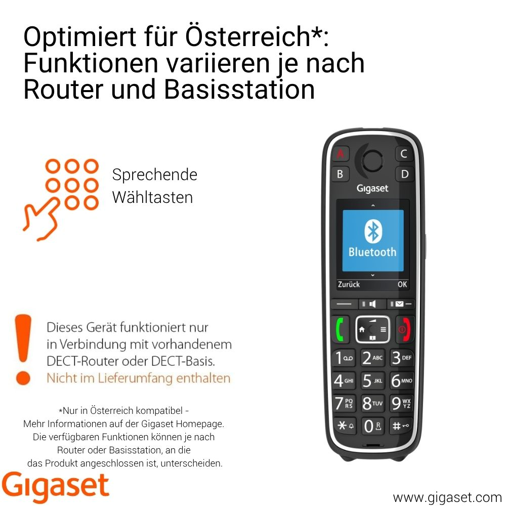 Telefono Gigaset con display Bluetooth, testo sull'Austria e le funzioni.