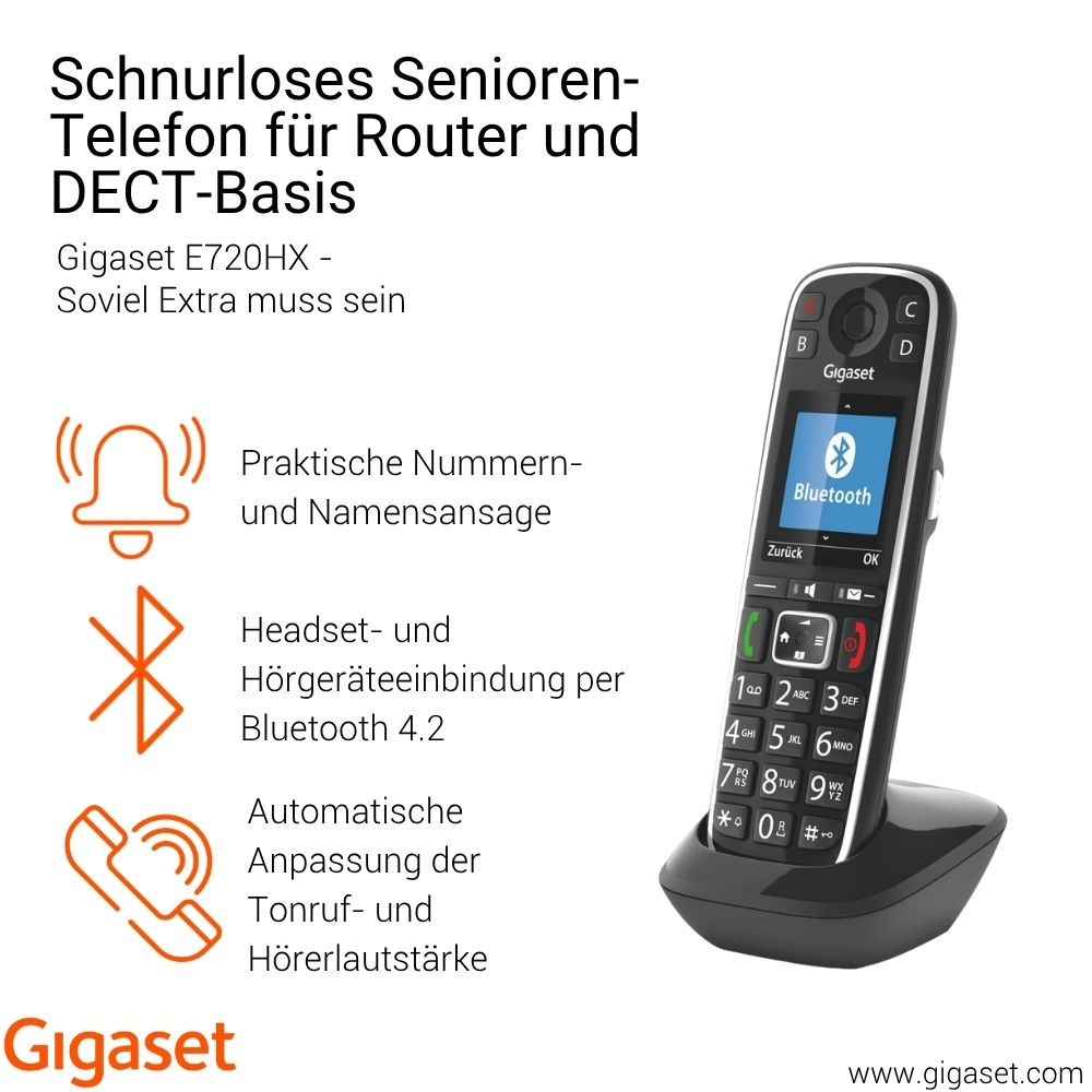 Telefono cordless Gigaset E720HX per anziani con base DECT, annuncio chiamate.