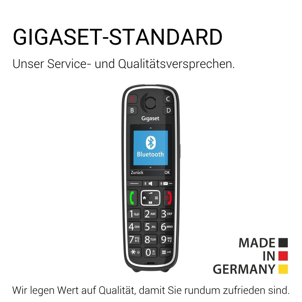 Un telefono Gigaset nero che mostra Bluetooth, con logo Made in Germany.