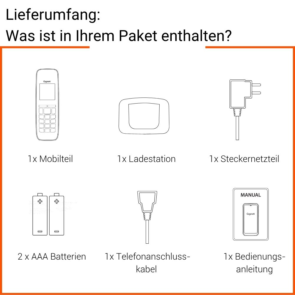 Contenuto della confezione di un telefono Gigaset: portatile, base di ricarica, alimentatore, batterie, cavo, manuale.