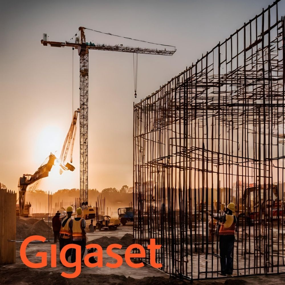 Cantiere al tramonto con gru, gabbia di armature e operai.