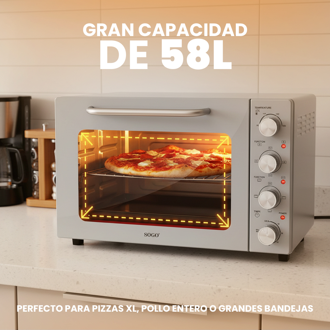 Un horno gris con una pizza dentro. Gran capacidad de 58L.