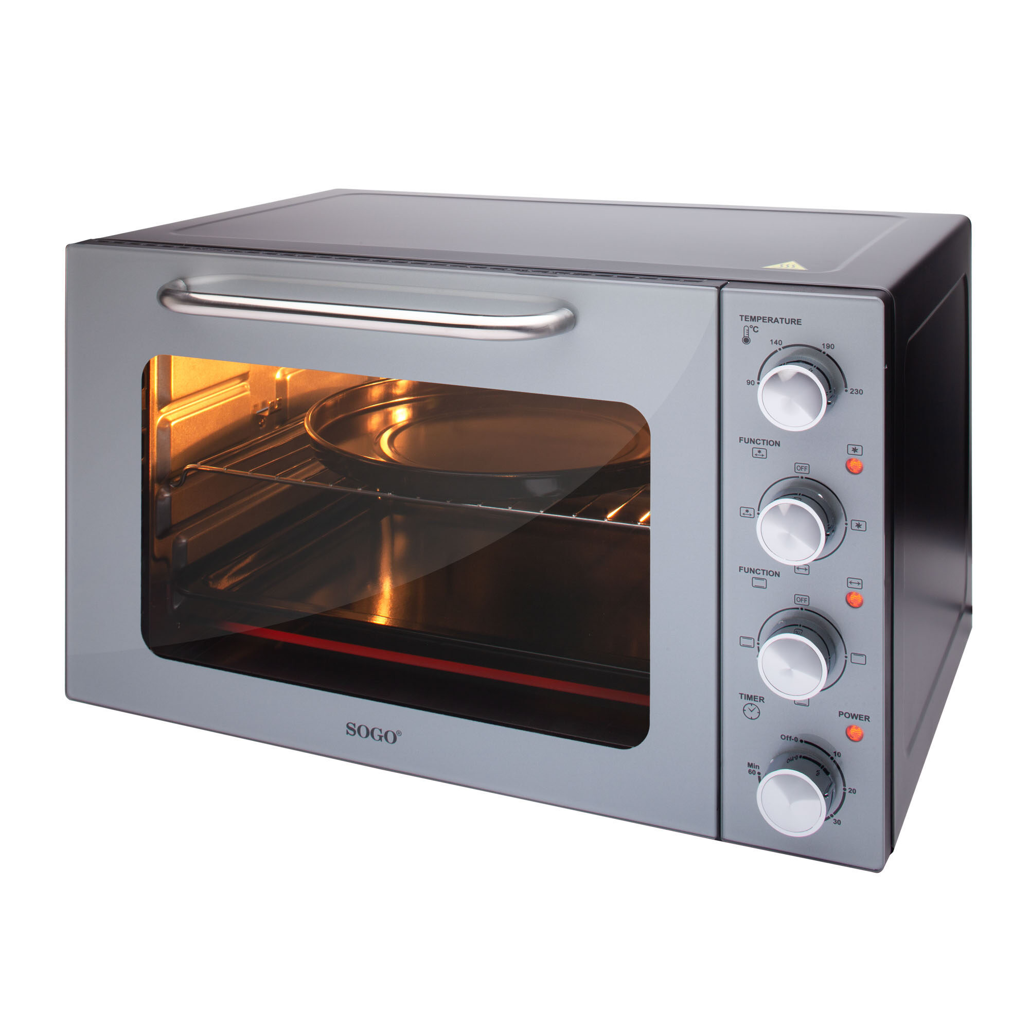 Un horno gris de sobremesa con interior iluminado y una bandeja para hornear dentro.