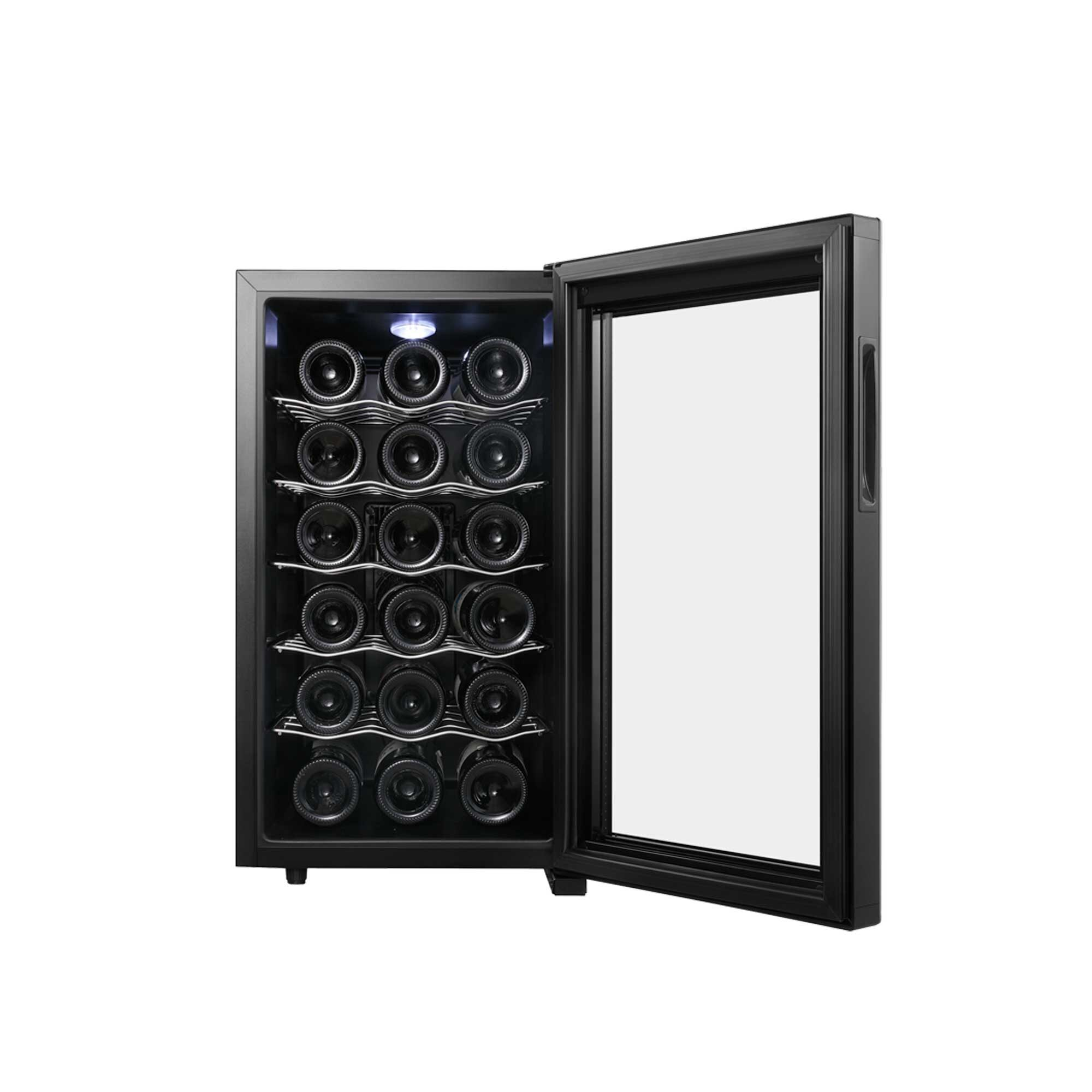 Enfriador de vino negro con puerta abierta, lleno de 18 botellas de vino.