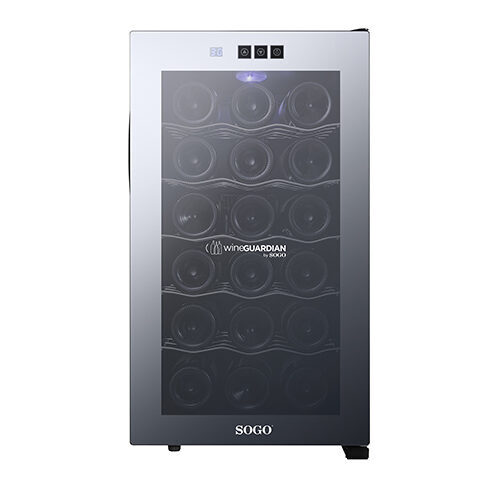 Un enfriador de vino SOGO con puerta de cristal, mostrando varias botellas de vino.