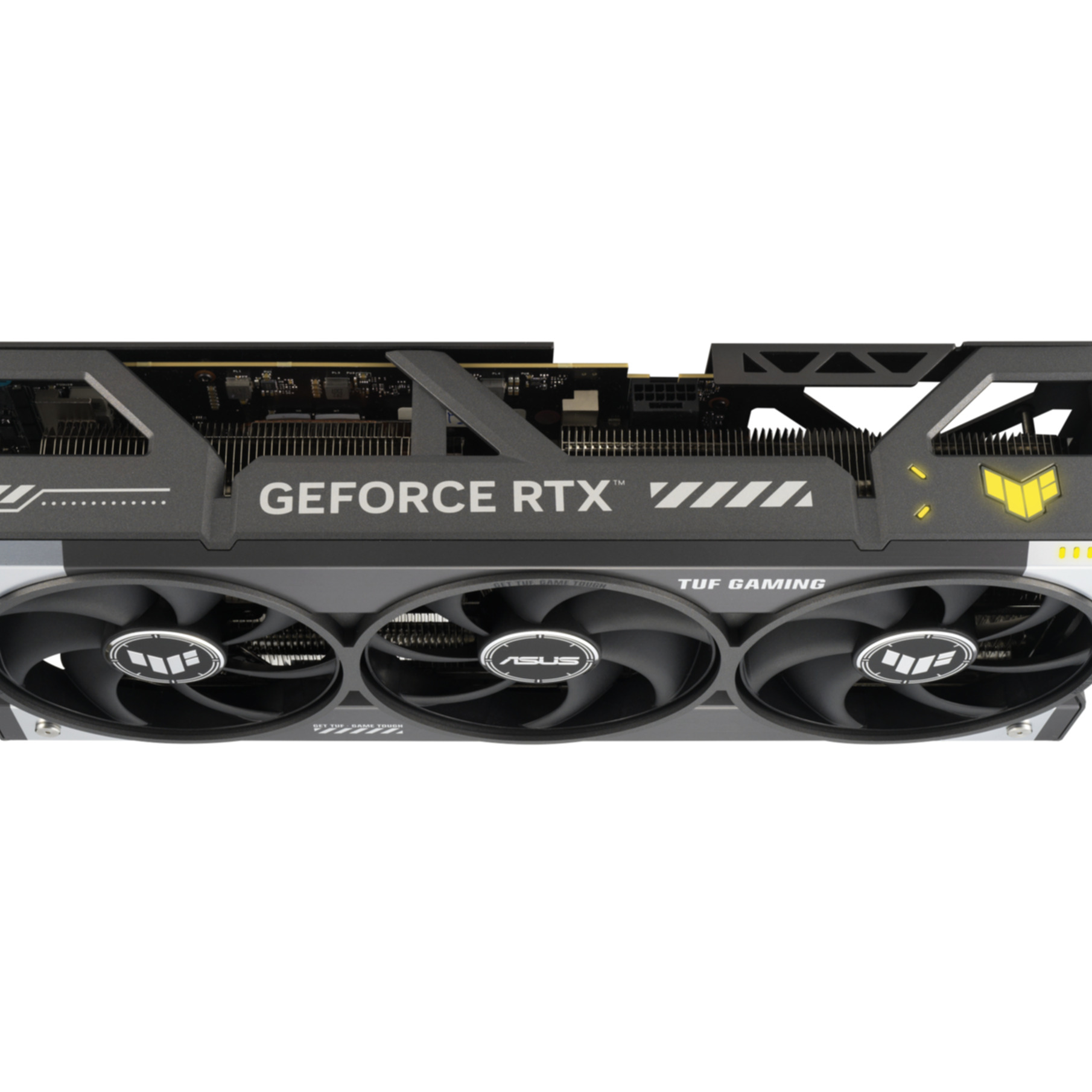 Eine Grafikkarte mit drei Lüftern und der Aufschrift "GEFORCE RTX" und "TUF GAMING".