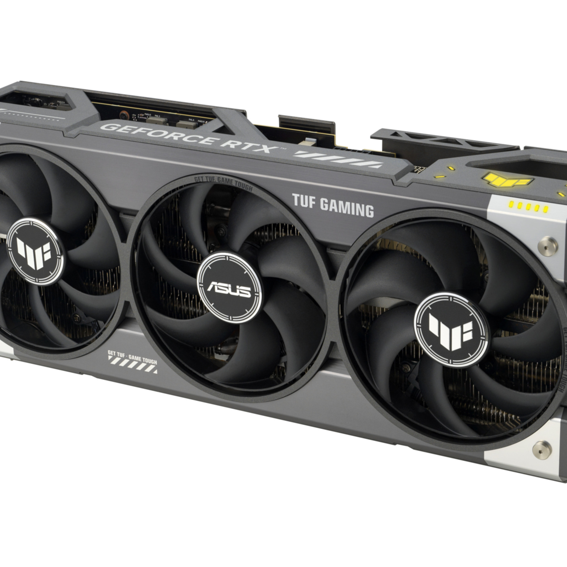 Eine graue ASUS TUF Gaming GeForce RTX-Grafikkarte mit drei schwarzen Lüftern.