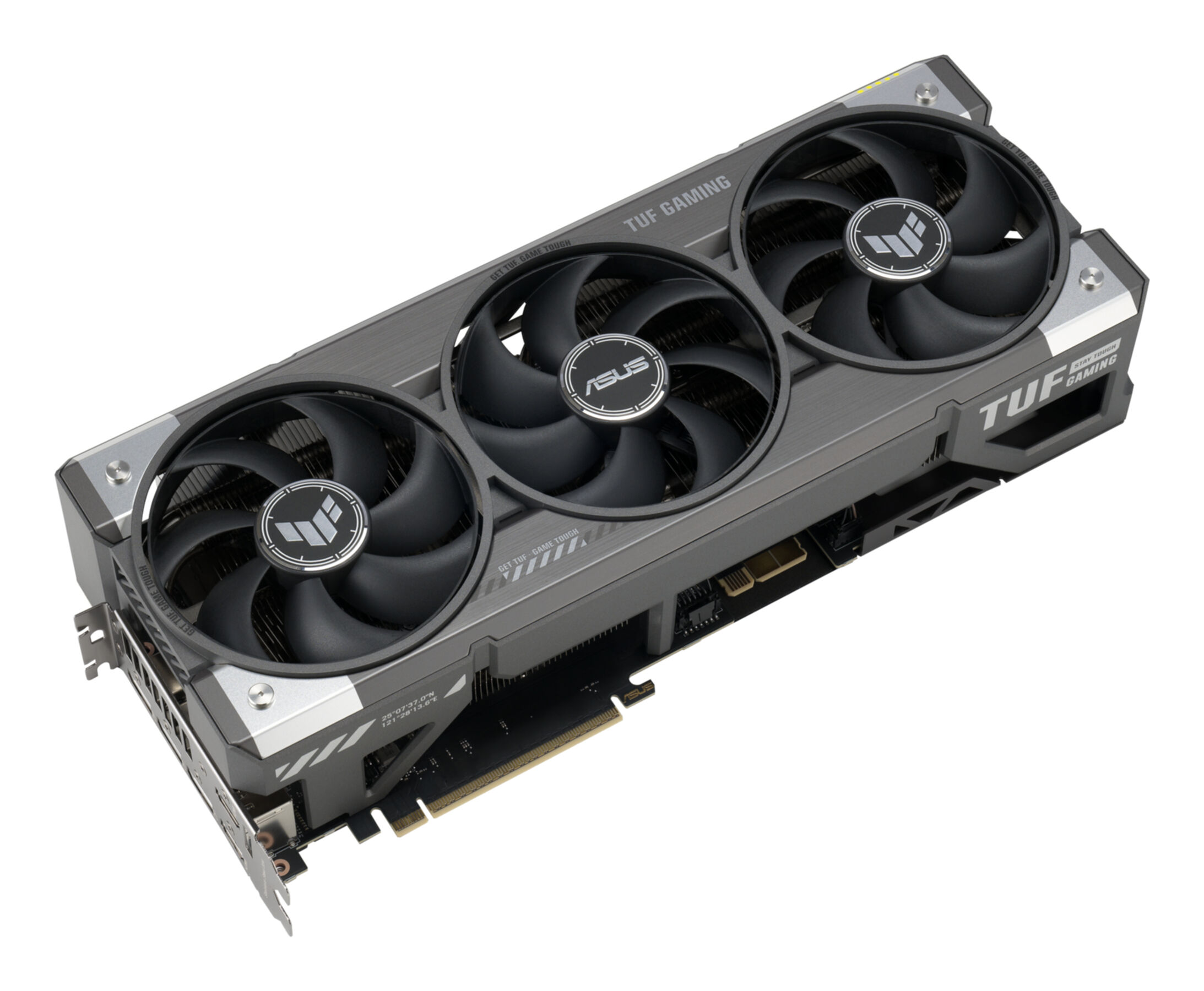 Ein graues ASUS TUF Gaming PC-Grafikkarte mit drei Lüftern.