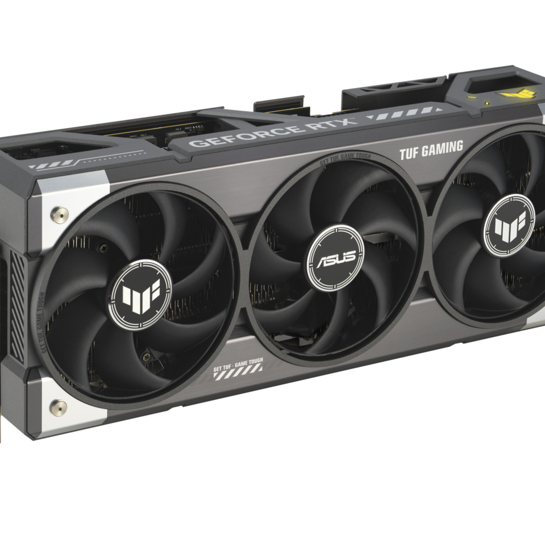Eine Graffikkarte mit drei Lüftern, „GEFORCE RTX“ und „TUF GAMING“ Aufschrift.