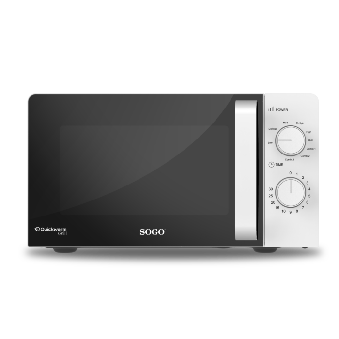 Un forno a microonde SOGO bianco con porta nera e due manopole.