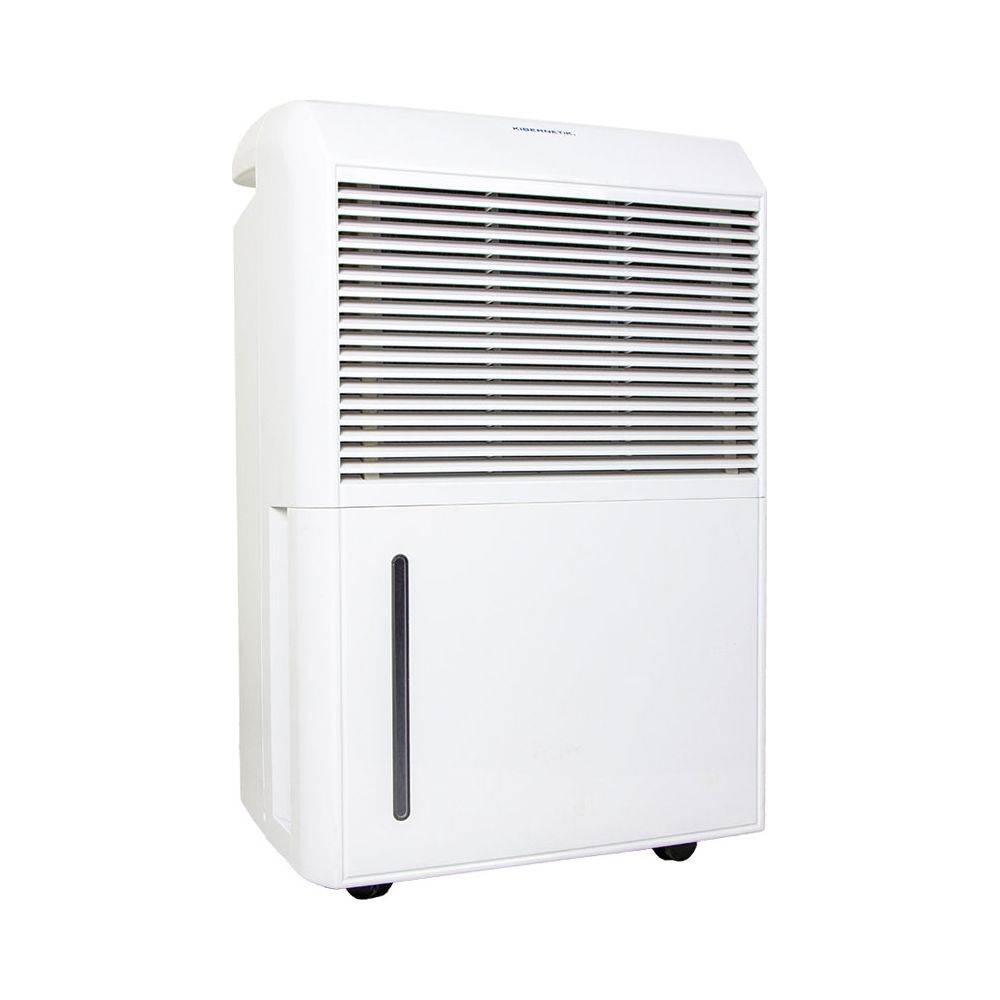 Un deumidificatore bianco con prese d'aria orizzontali e serbatoio dell'acqua trasparente.