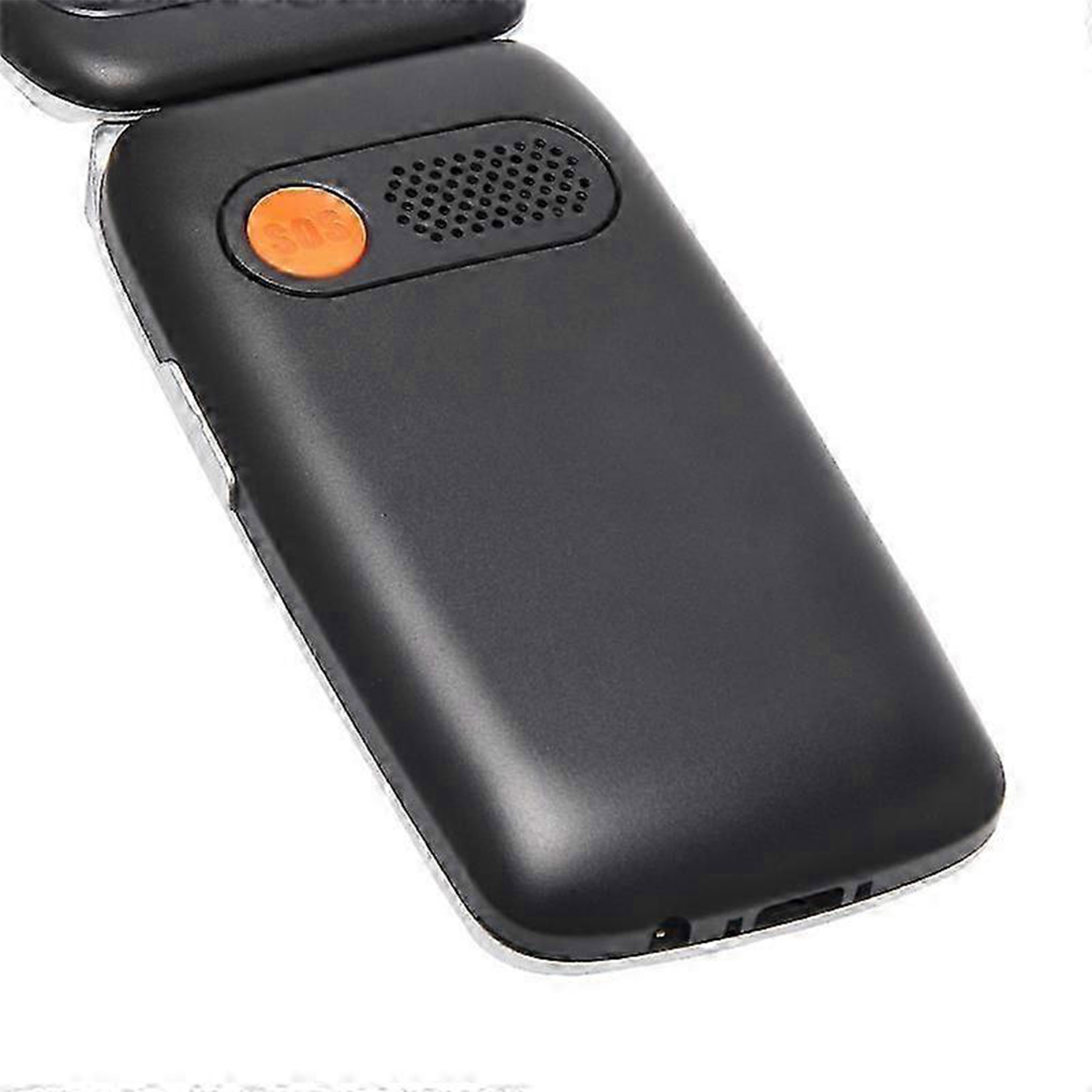 Un telefono a conchiglia nero con pulsante SOS arancione e griglia altoparlante.