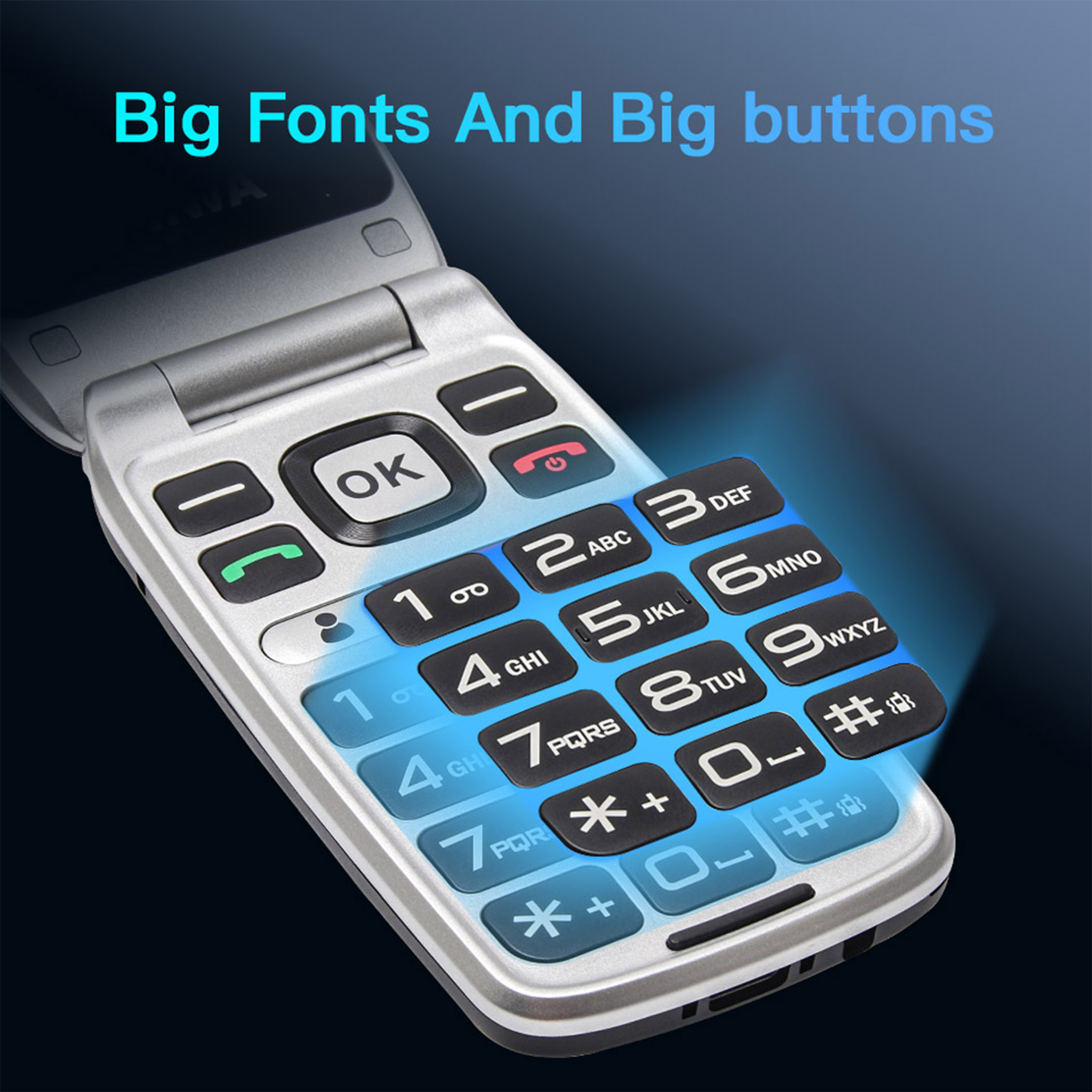 Un telefono a conchiglia argento con pulsanti grandi e illuminati e la scritta 'Big Fonts And Big buttons'.