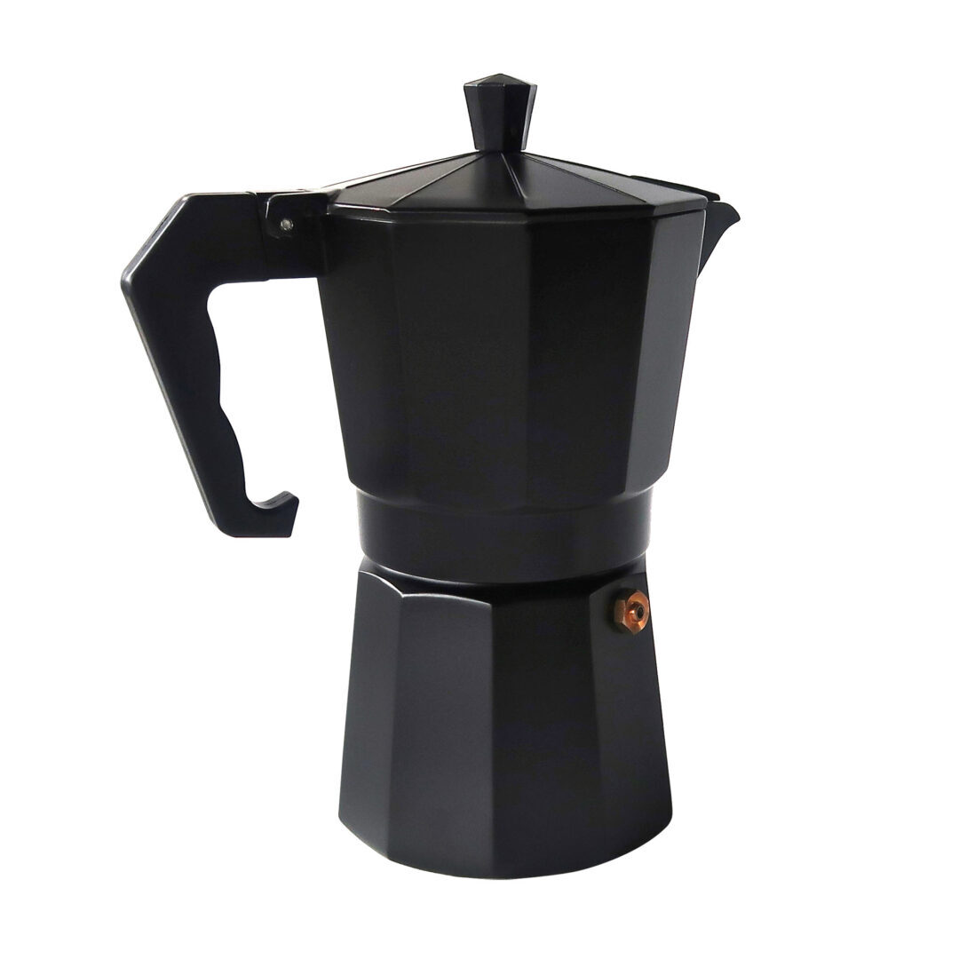 Cafetera Moka negra con mango curvo y cuerpo octogonal.