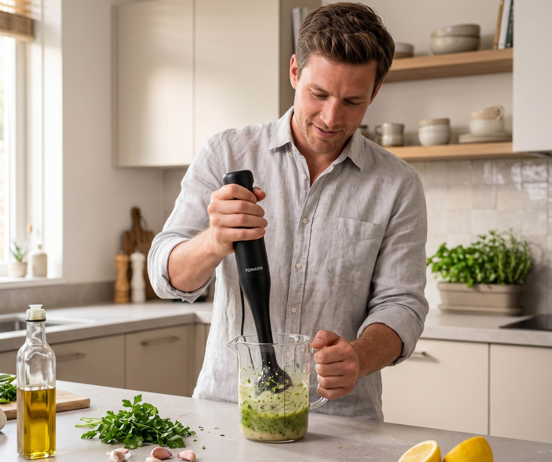 Man mixt ingrediënten in kan met staafmixer in een moderne keuken.
