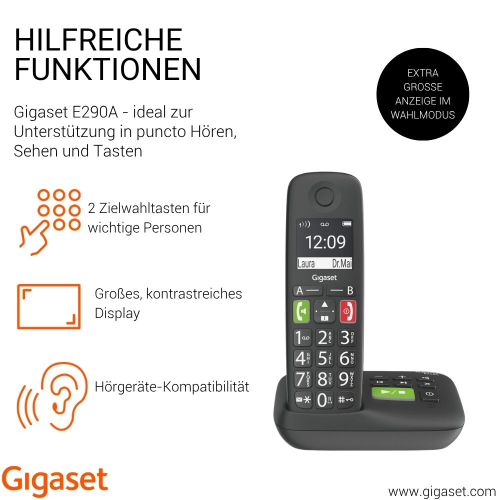 Gigaset E290A con display, pulsanti e base di ricarica. Funzioni utili evidenziate.