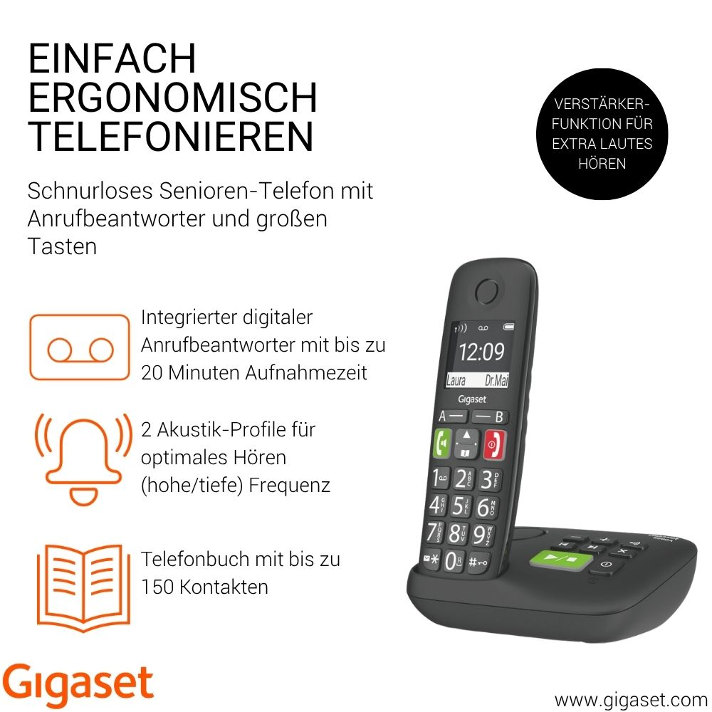 Un telefono cordless Gigaset per anziani con display e tasti grandi.
