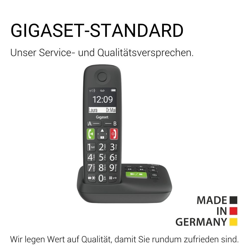 Un telefono cordless Gigaset con tastiera e display, appoggiato alla sua base di ricarica.