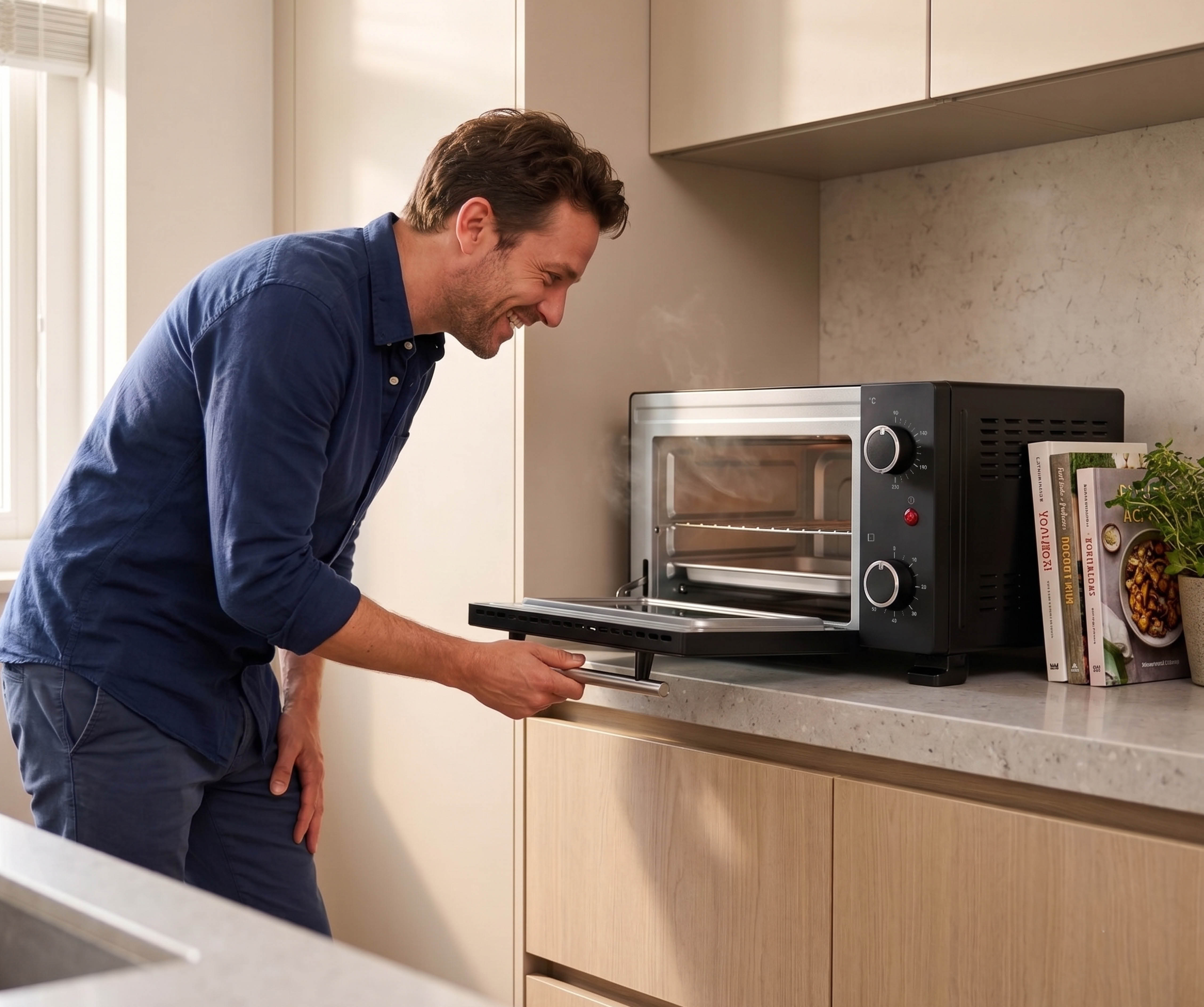 Man opens a black countertop oven with steam rising from inside.