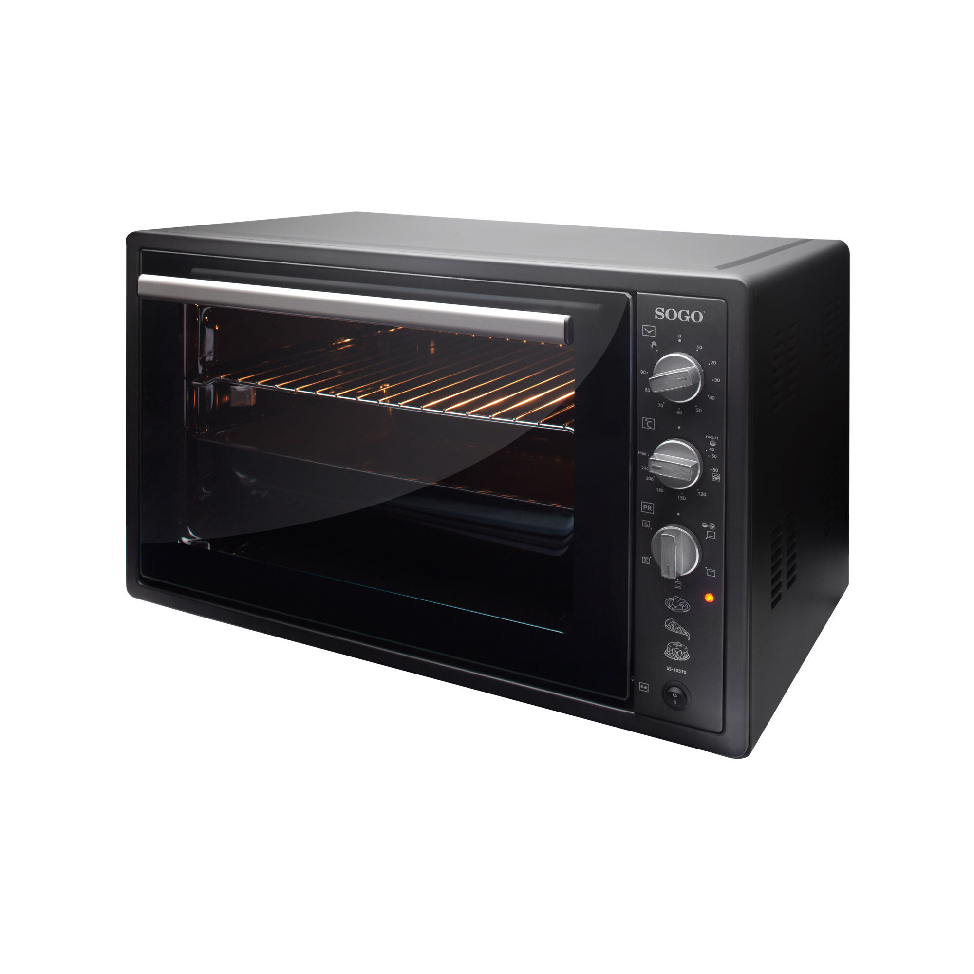 Forno da banco nero con maniglia argentata e manopole di controllo, sfondo bianco.