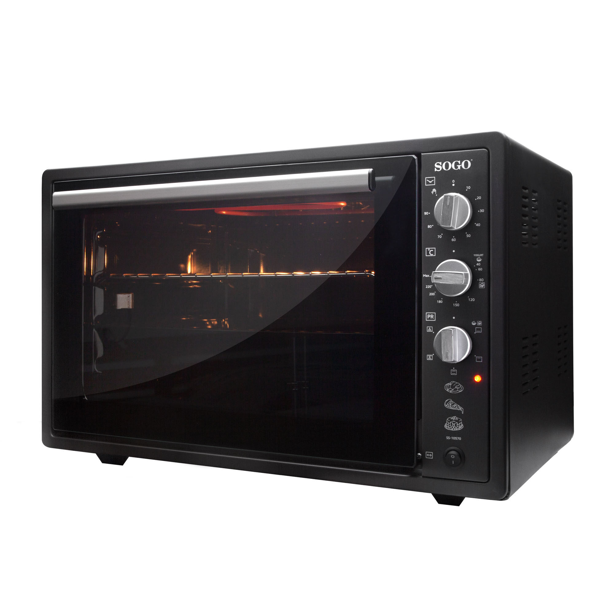 Viene mostrato un forno nero marca SOGO con maniglia argentata. Ha manopole di controllo e icone.