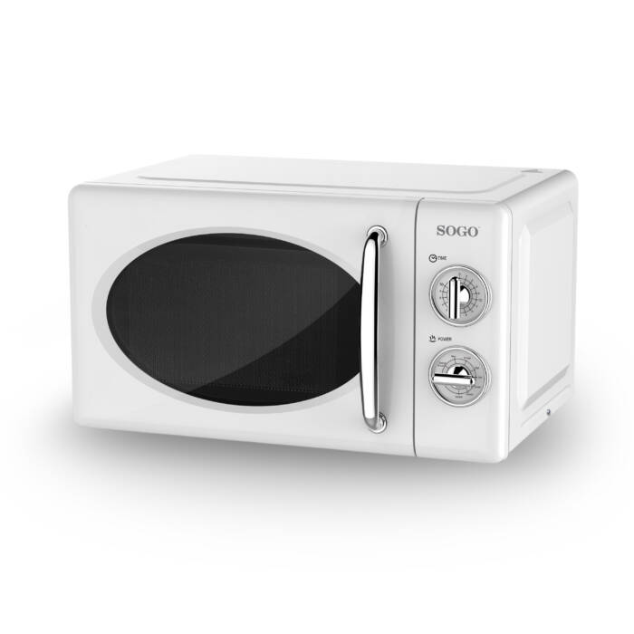Un microonde bianco SOGO con manico argentato e porta nera. Ha due manopole di controllo.
