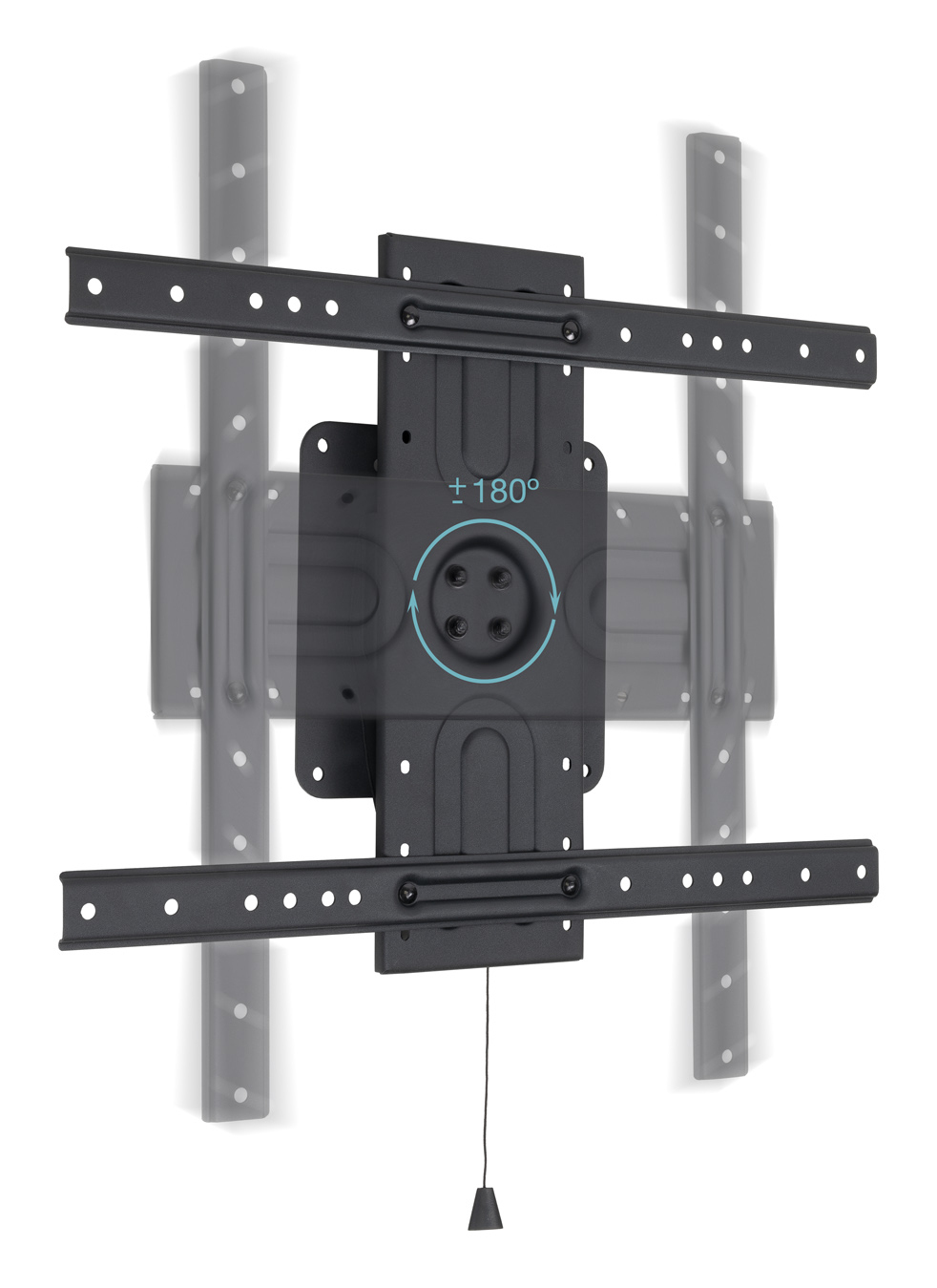 Soporte de pared para TV negro con giro de +/- 180 grados, detallado sobre fondo blanco.