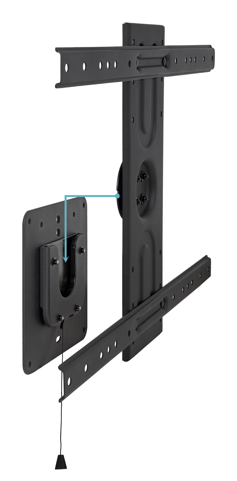 Soporte de pared negro con brazos ajustables y placa.