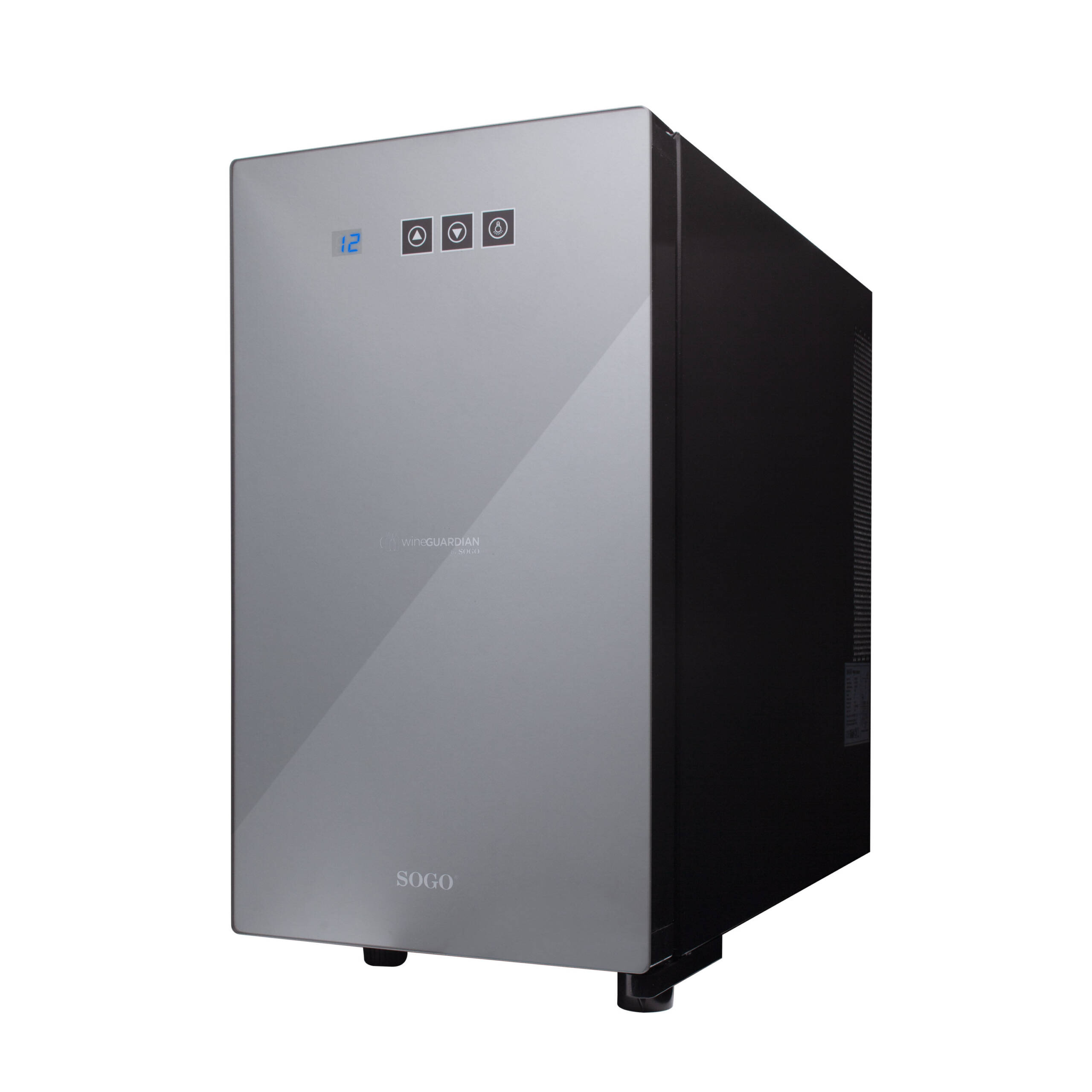 Un refrigeratore per vino/bevande grigio con corpo nero e controlli digitali.