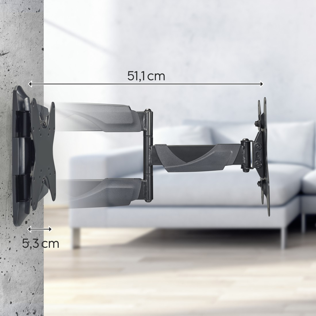 Soporte de pared negro para TV, extensible hasta 51,1 cm, 5,3 cm de la pared.