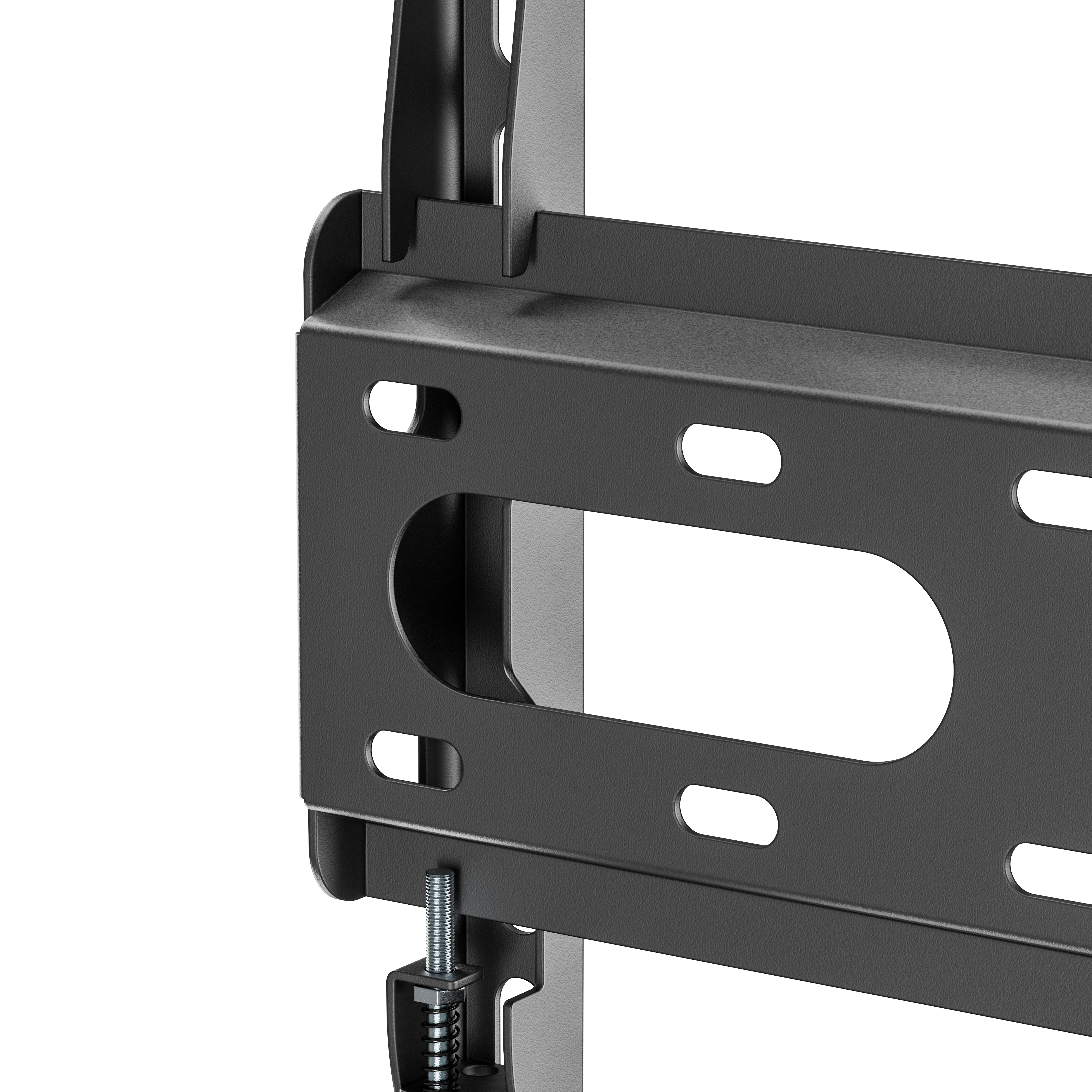 Primer plano de un soporte metálico negro con ranuras ovaladas y un resorte.