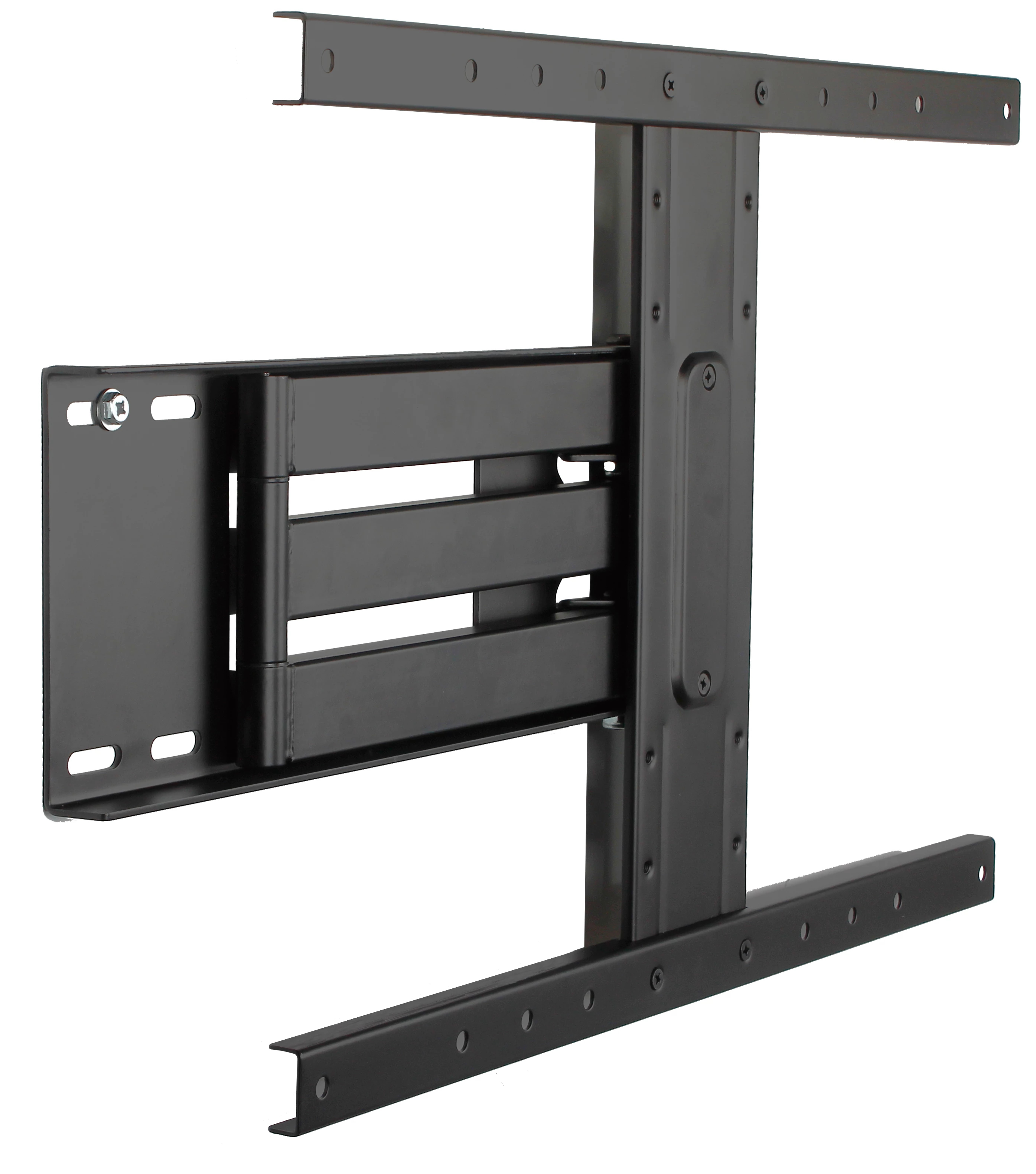 Supporto da parete TV nero con braccio articolato e fori multipli.