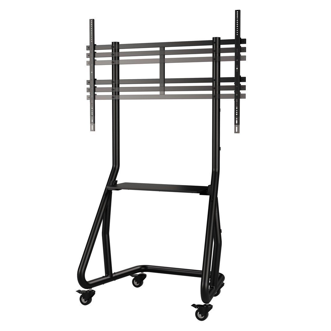 Schwarzer rollbarer TV-Ständer mit verstellbarer Halterung und Ablage.