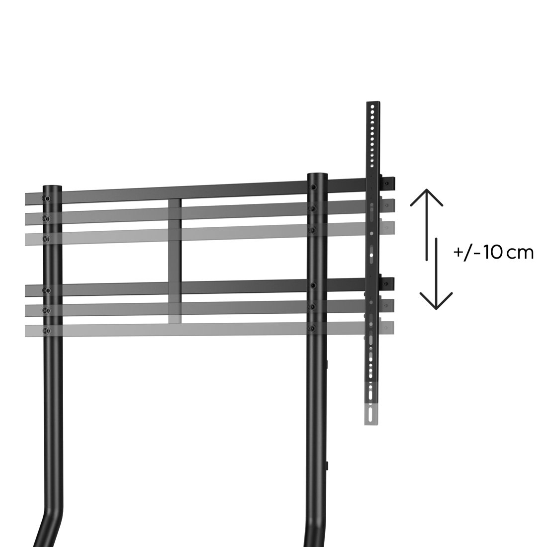 Schwarze TV-Halterung mit verstellbarer Höhenanzeige von +/- 10 cm.