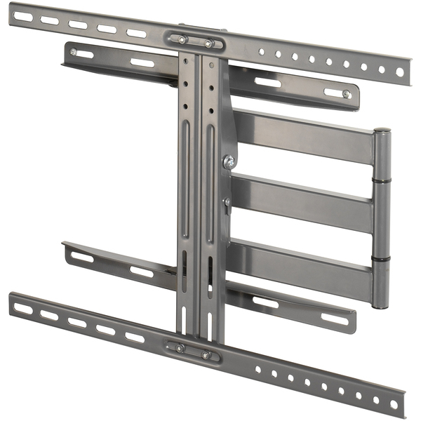 Un soporte de TV gris extensible con brazos ajustables y agujeros.