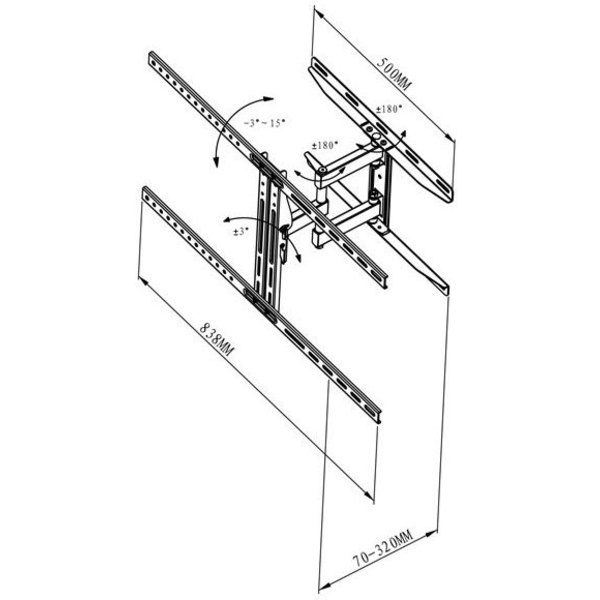 Diagrama de un soporte de pared giratorio para TV con dimensiones.