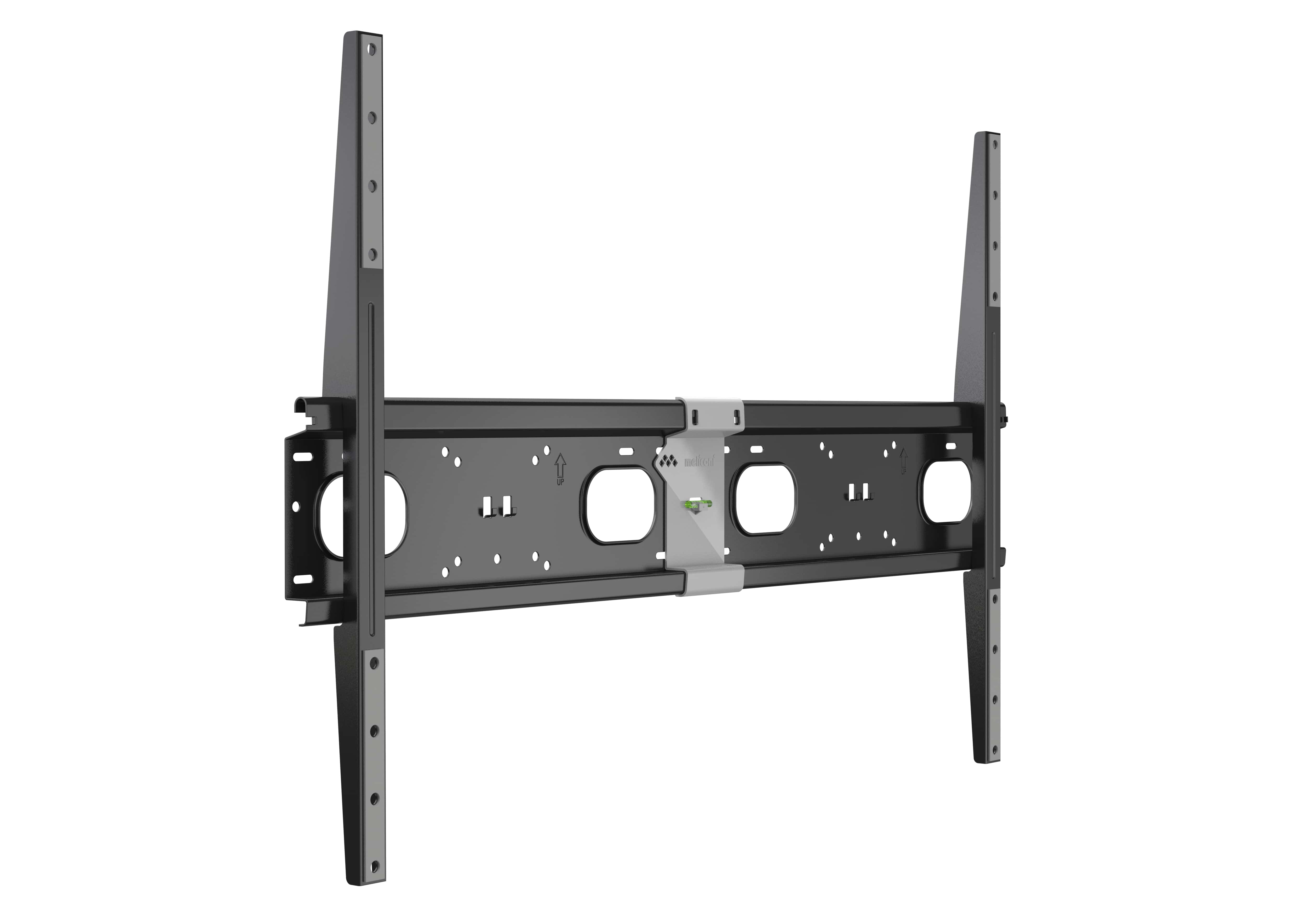 Ein schwarzer Metall-TV-Wandhalter mit verstellbaren Armen und Wasserwaage.