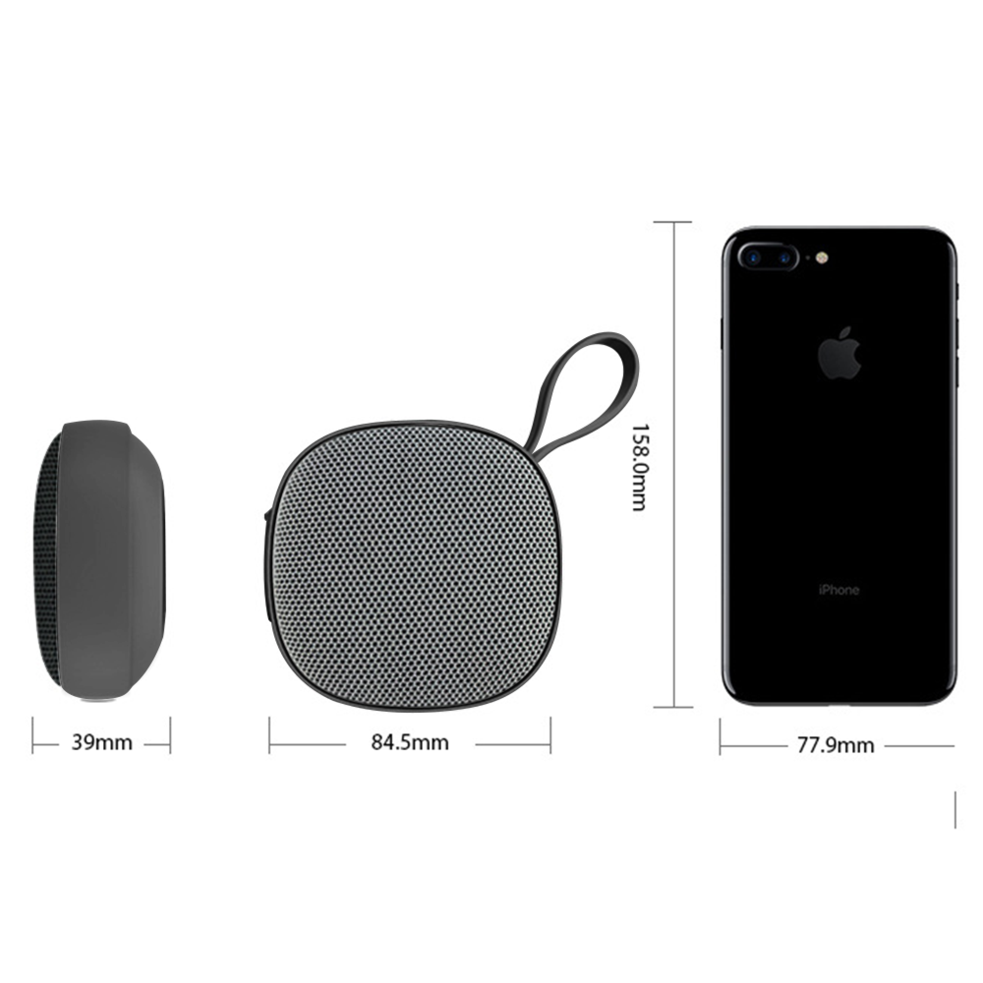 Drei elektronische Geräte: Lautsprecher (39mm), Lautsprecher (84,5mm) und ein schwarzes iPhone (77,9mm).
