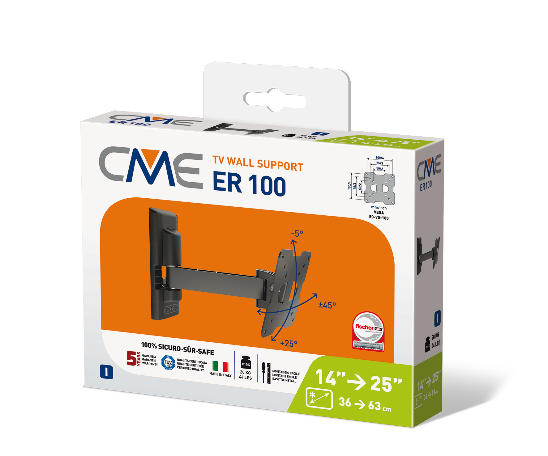 Verpackung eines CME ER 100 TV-Wandhalterungsmodells mit Montageanweisungen.