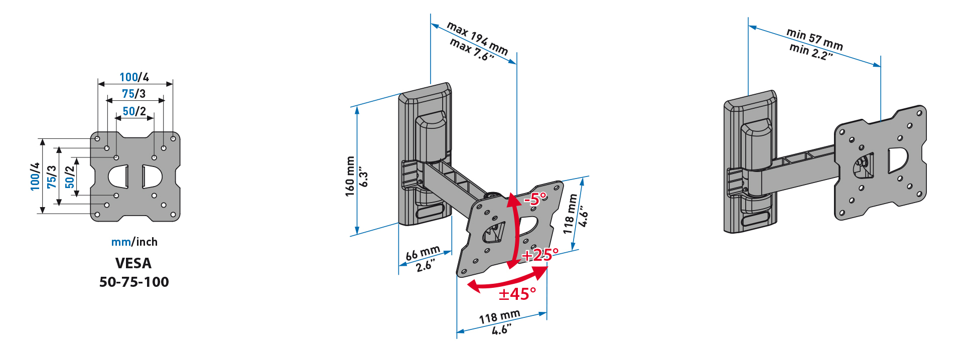 Diagramm einer Monitorhalterung mit Maßen in mm und Zoll.