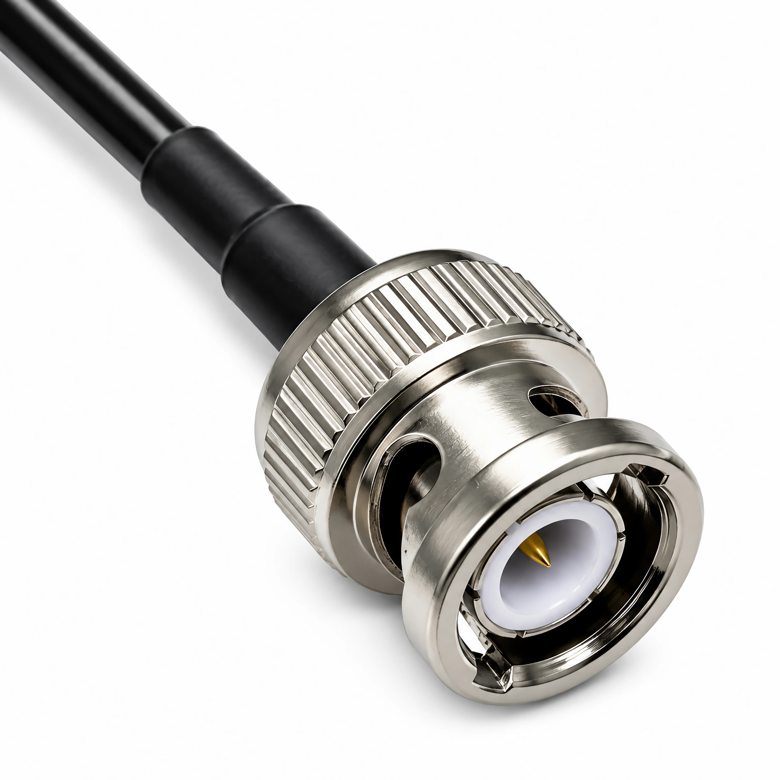 Ein silberner BNC-Stecker mit einem schwarzen Kabel