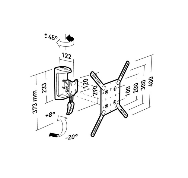 Disegno tecnico di un supporto a parete con dimensioni e angoli.