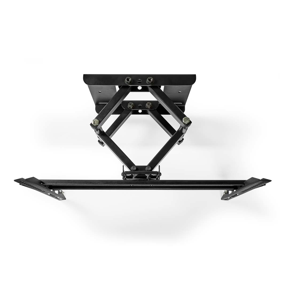 Schwarze Deckenhalterung mit Scherenmechanismus und ausziehbaren Armen.