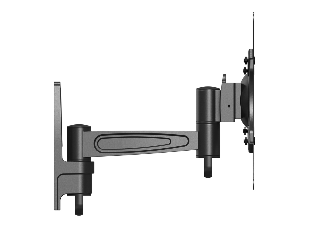 Ein grauer, schwenkbarer TV-Wandhalter mit einem langen Arm und einem Montageblock.