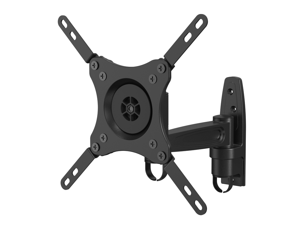 Schwarze Wandhalterung für Fernseher mit verstellbarem Arm und VESA-Platte.