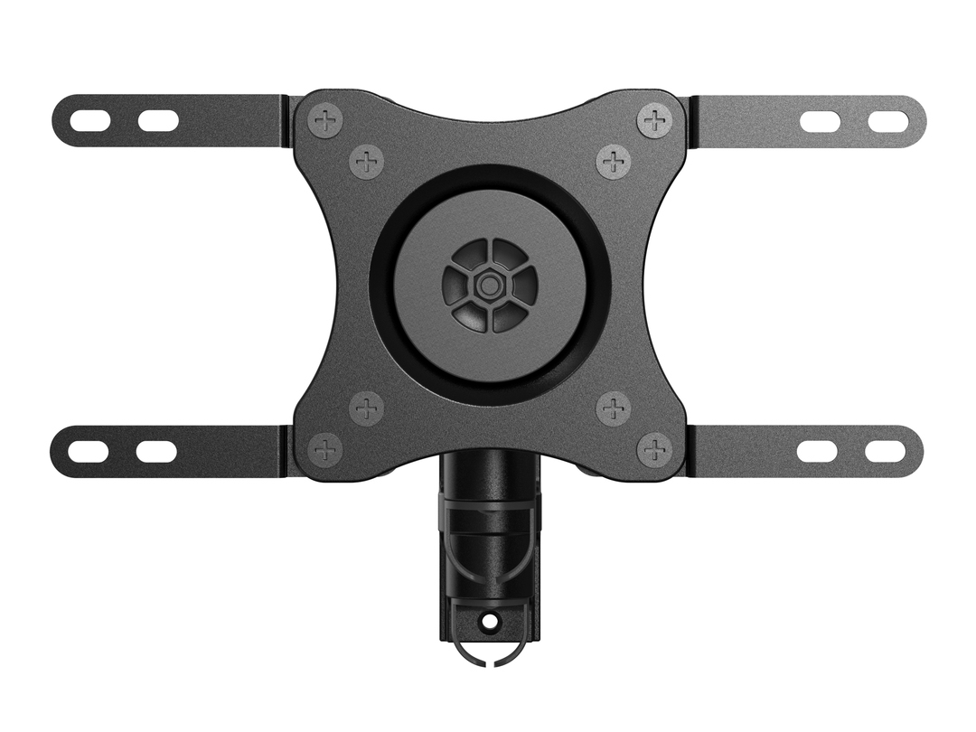 Ein schwarzer, metallischer Monitorhalter mit vier verstellbaren Armen und einem zentralen Gelenk.