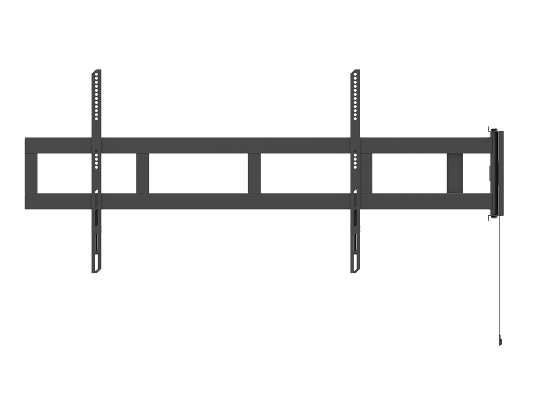 Un support mural TV noir extensible avec bras réglables et trous de montage.