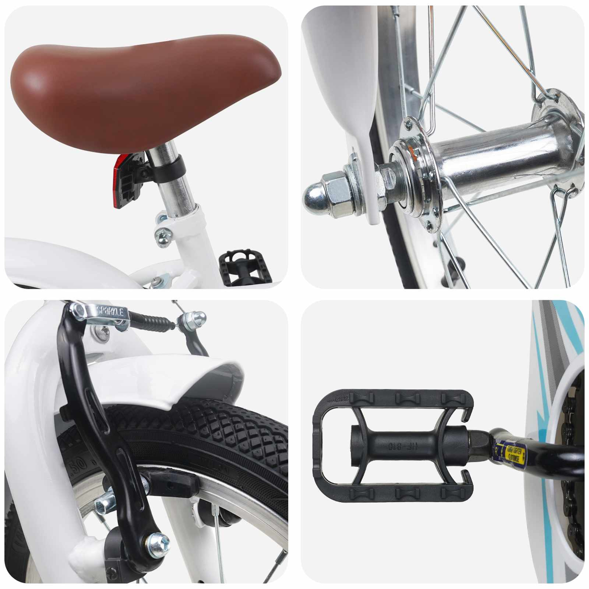 Details eines weißen Fahrrads: brauner Sattel, Radnabe, Bremse und Pedal.